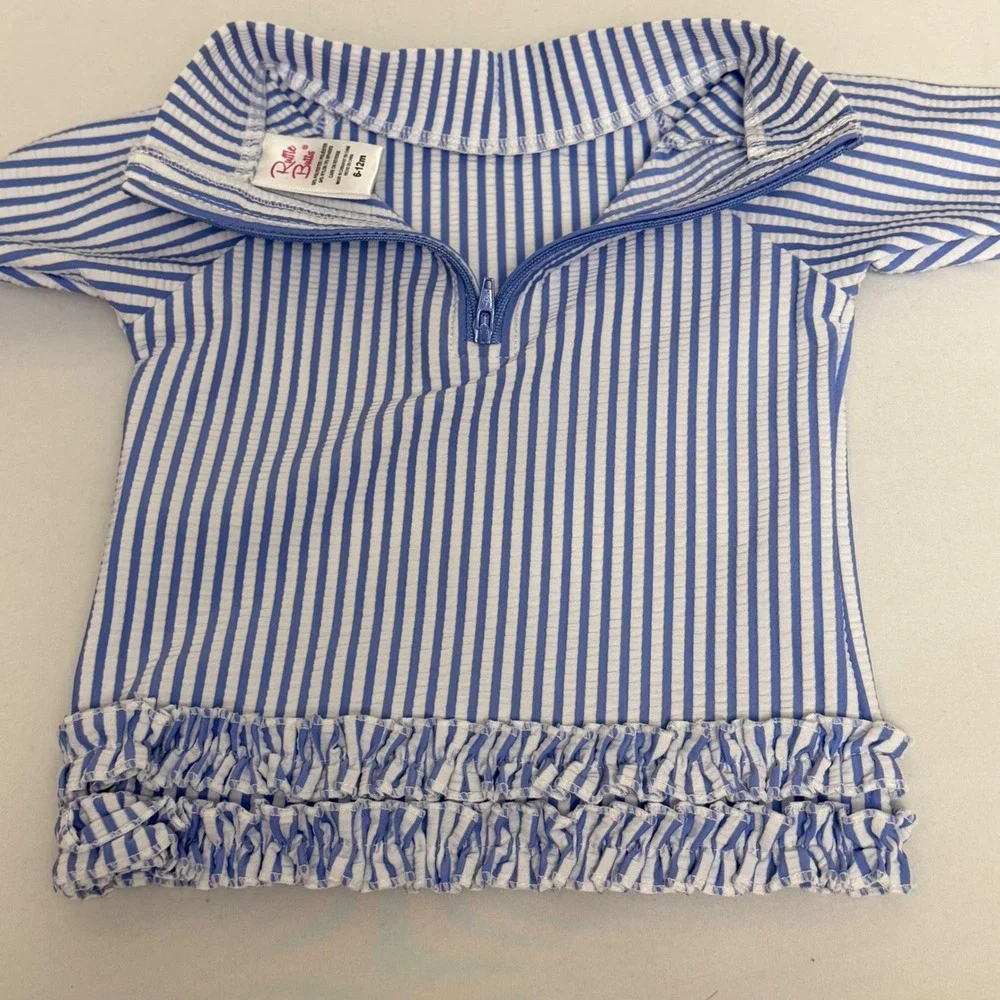 RuffleButts Baby Girl Blue White Seersucker Striped Rash Guard Swimsuit 6-12m